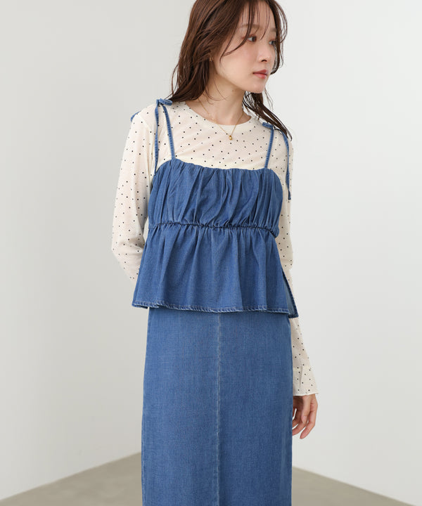デニムペプラムギャザーキャミワンピース