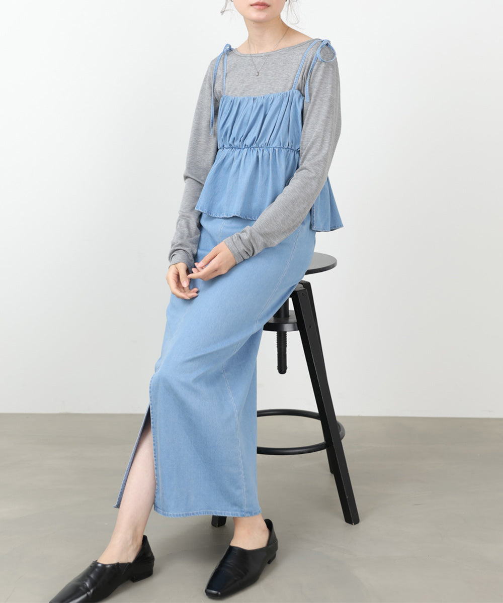 デニムペプラムギャザーキャミワンピース