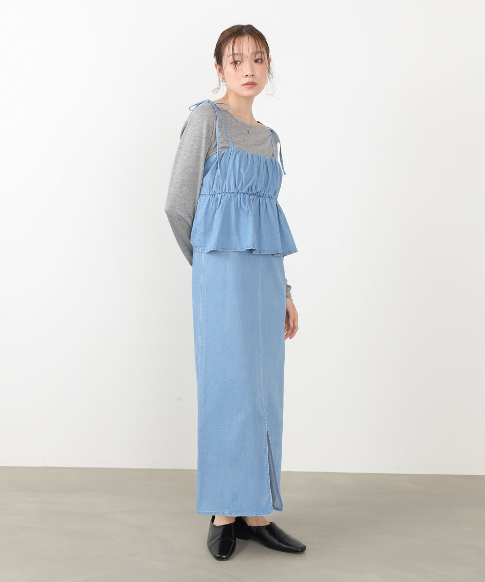 デニムペプラムギャザーキャミワンピース