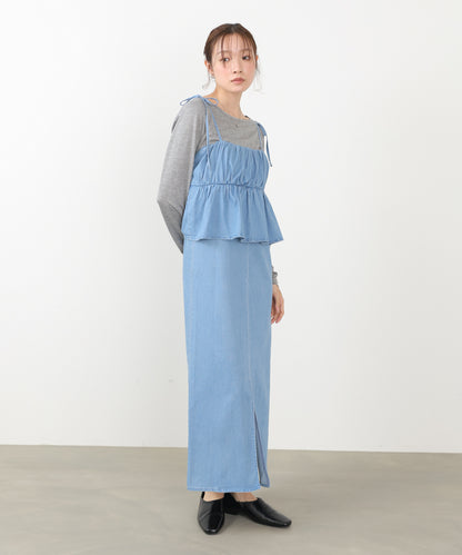 デニムペプラムギャザーキャミワンピース