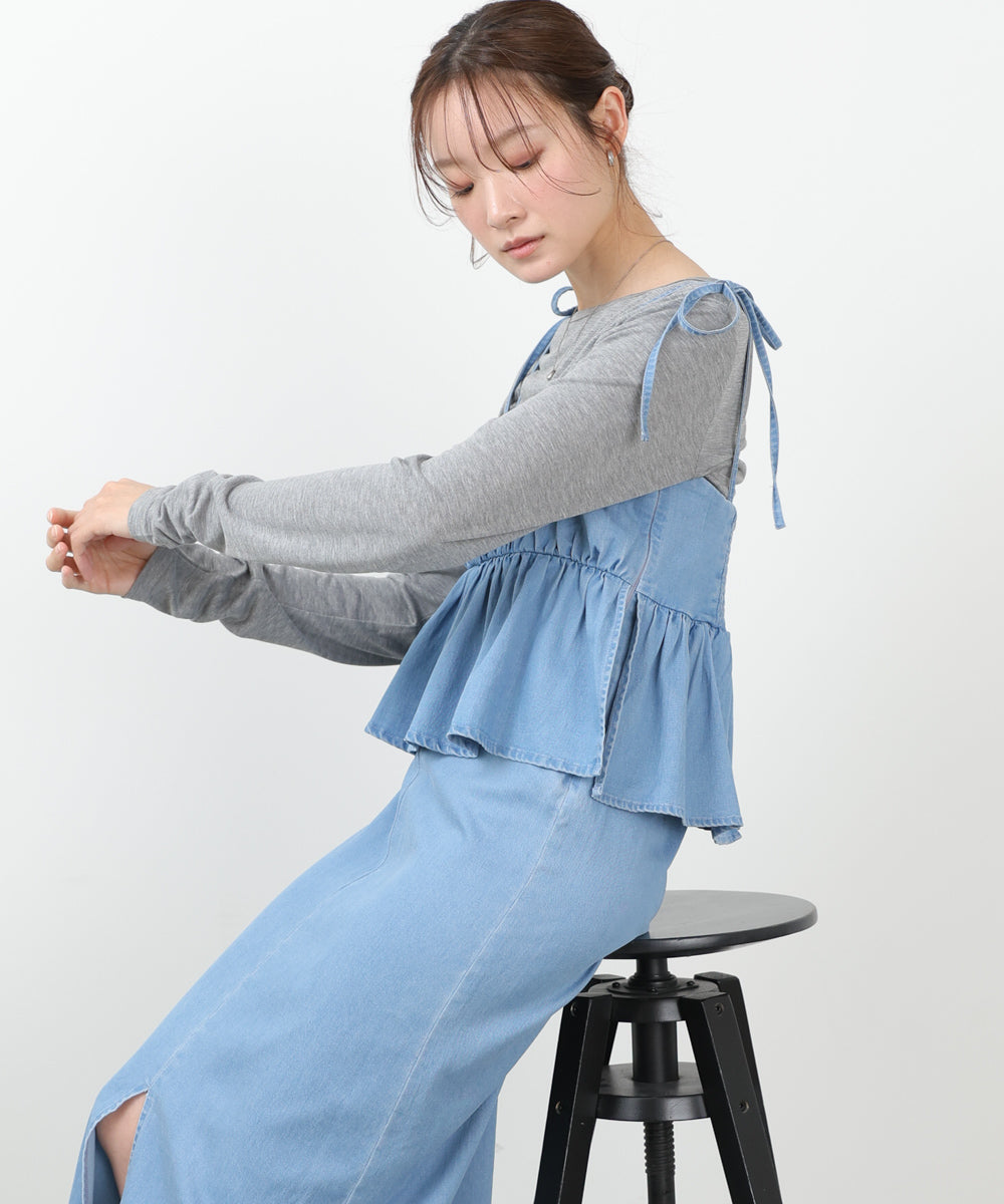 デニムペプラムギャザーキャミワンピース