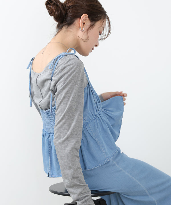 デニムペプラムギャザーキャミワンピース