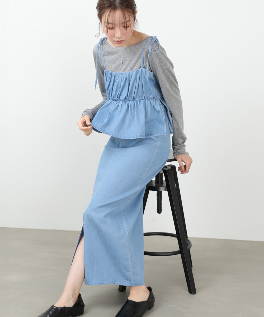 デニムペプラムギャザーキャミワンピース