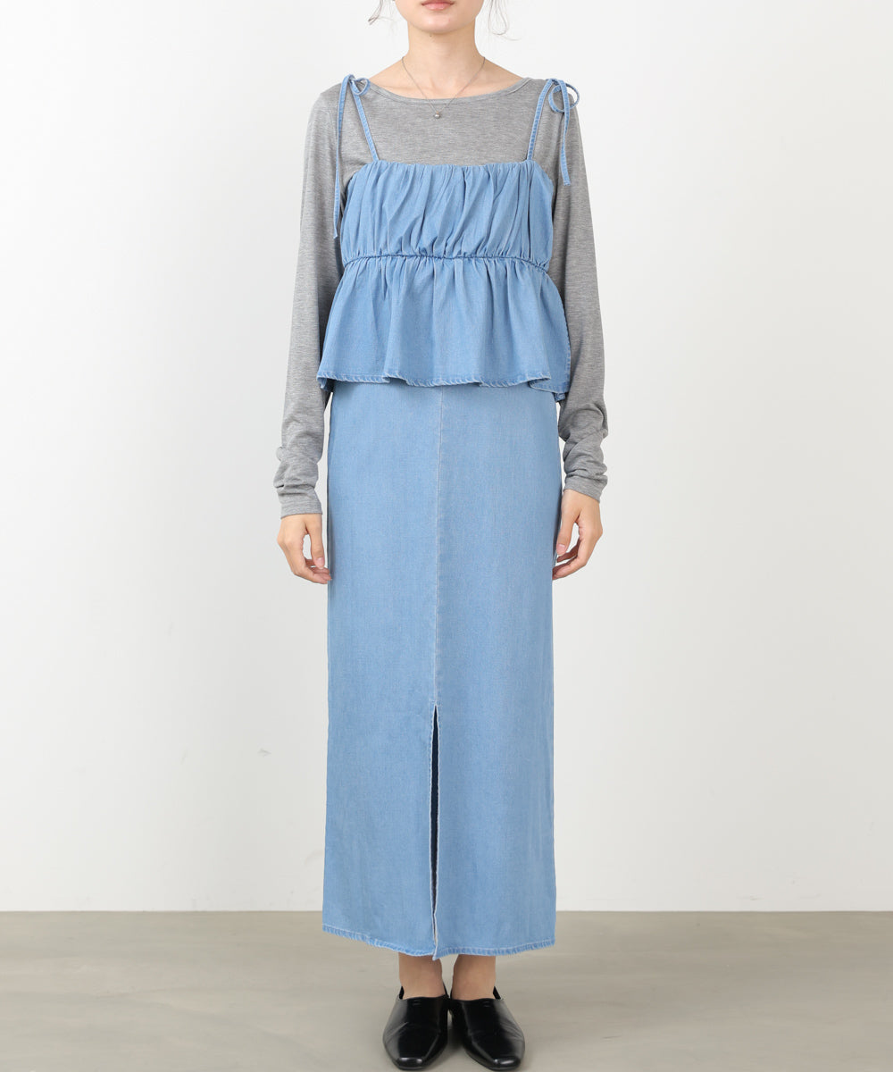 デニムペプラムギャザーキャミワンピース