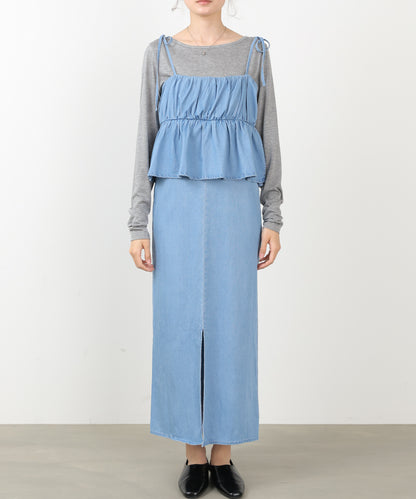 デニムペプラムギャザーキャミワンピース