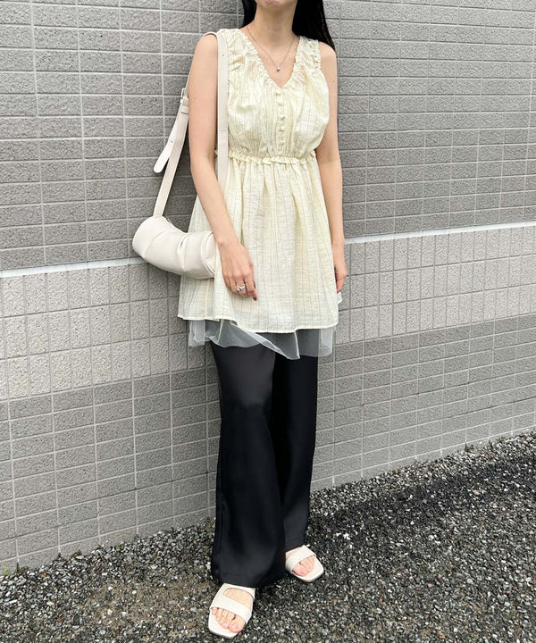 ラメストライプウエストギャザーチュニック