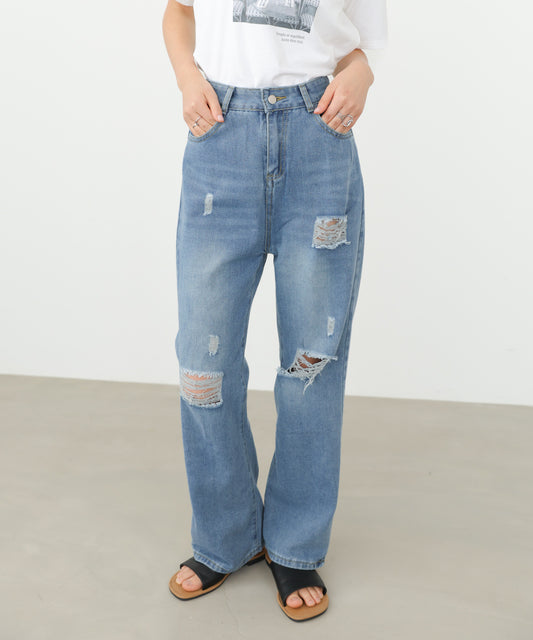 【サイズ展開あり】ストレートダメージデニムパンツ