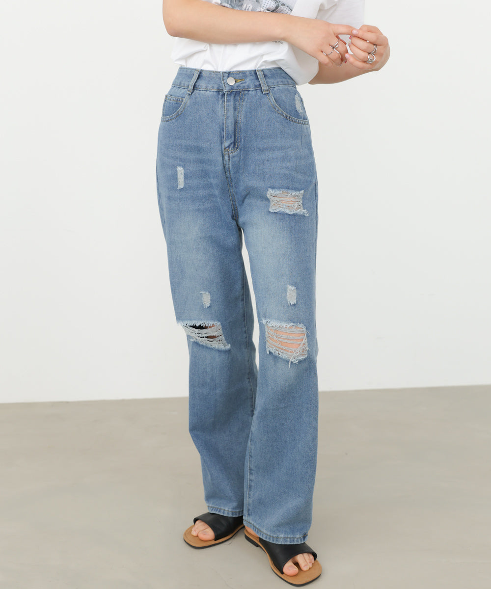 【サイズ展開あり】ストレートダメージデニムパンツ