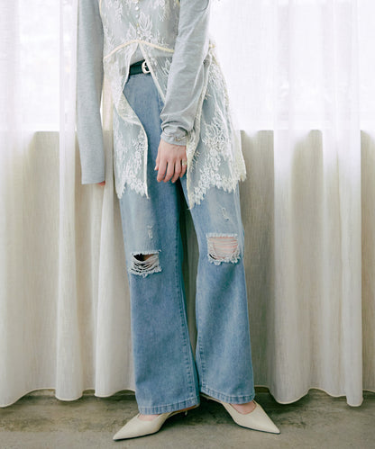 【サイズ展開あり】ストレートダメージデニムパンツ