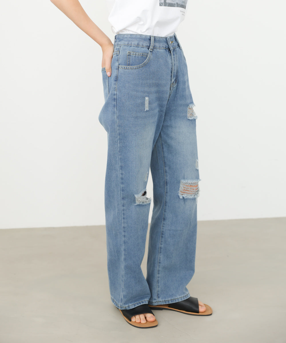 【サイズ展開あり】ストレートダメージデニムパンツ