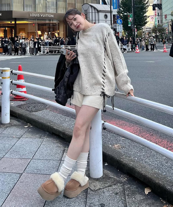 チョコチップ風ネップ 編み上げニットトップス