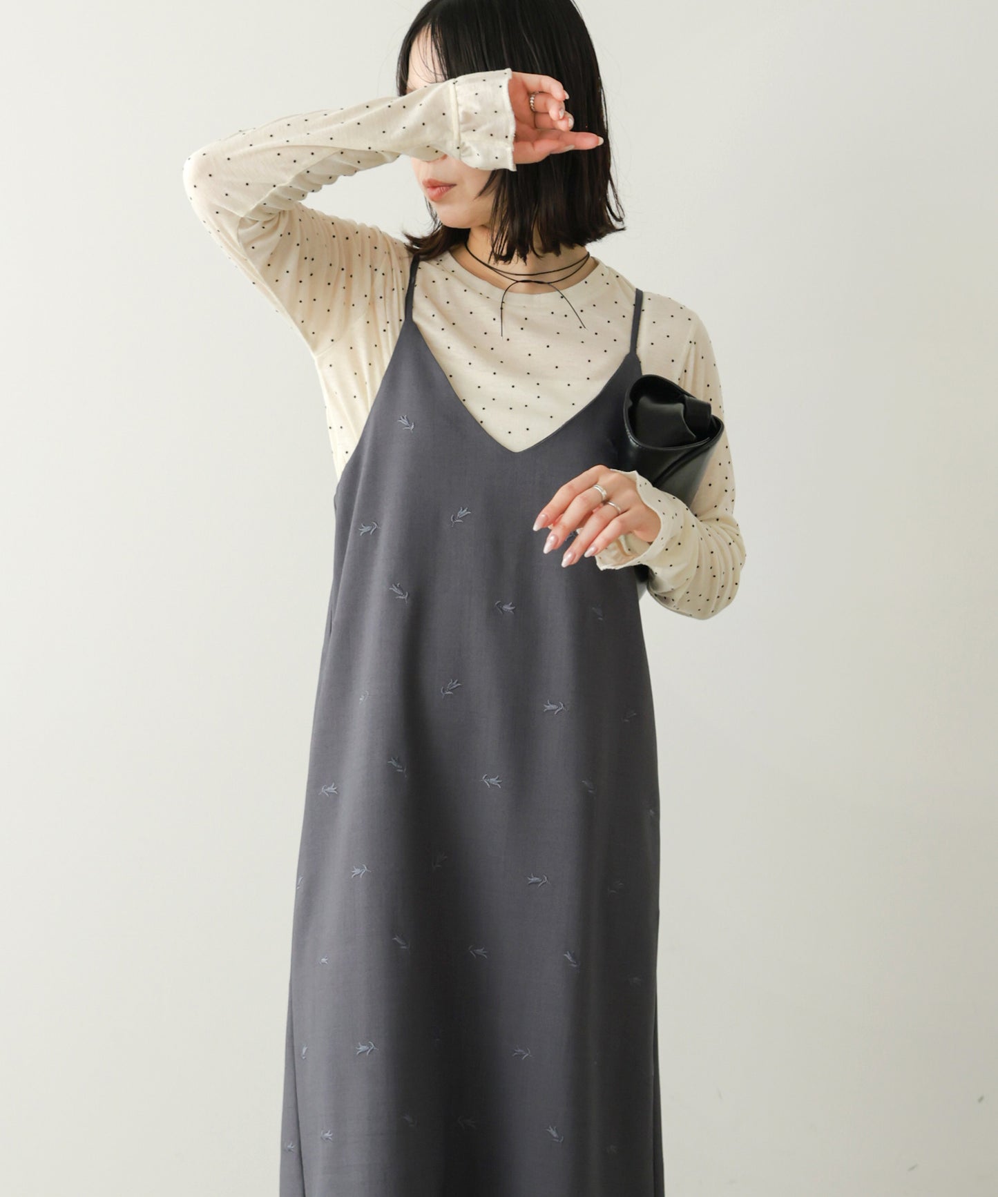 【Dセット】秋のコーデセット【刺繍バックリボンキャミワンピ＆シアードットカットソー】