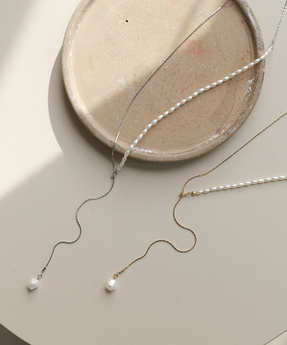 変形パール×ロングチェーンネックレス