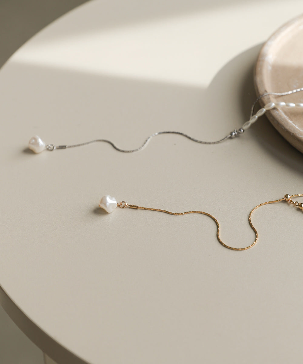 変形パール×ロングチェーンネックレス