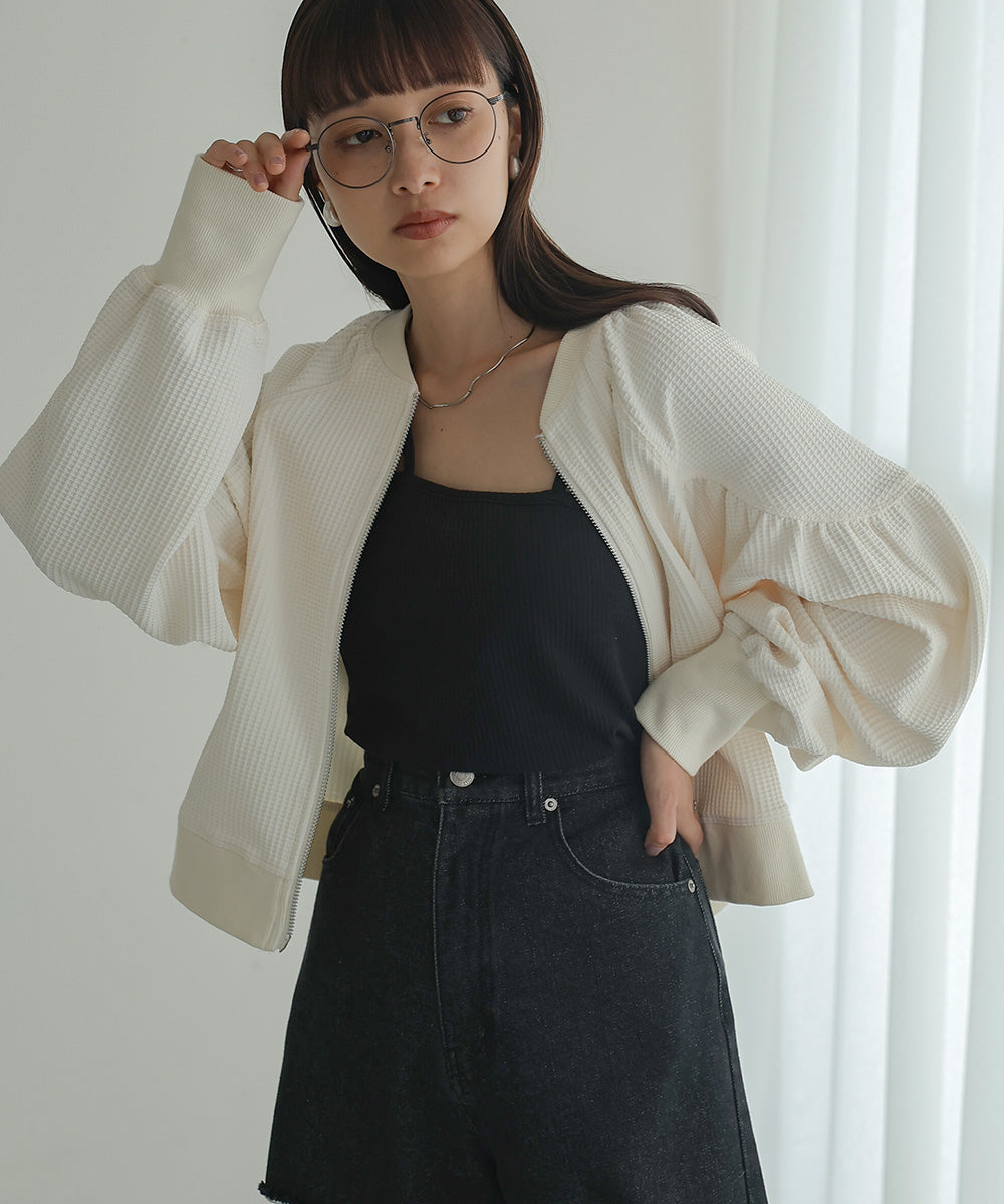 WAFFLE SLEEVE GATHERED CARDIGAN