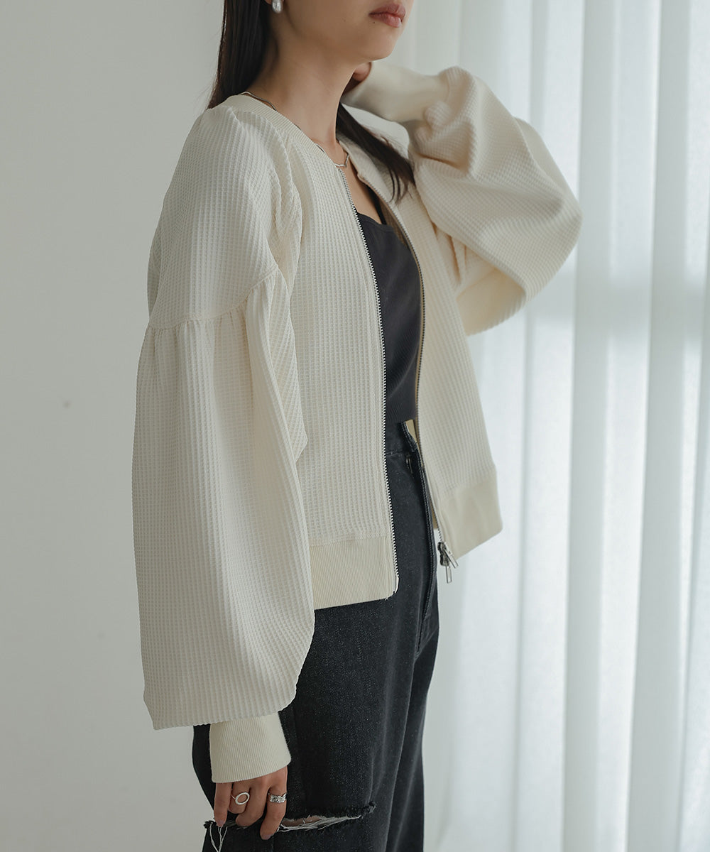 WAFFLE SLEEVE GATHERED CARDIGAN
