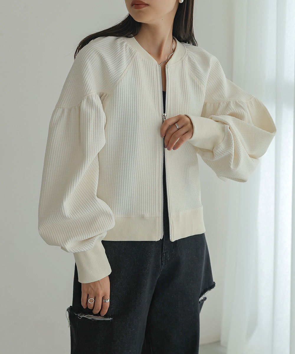 WAFFLE SLEEVE GATHERED CARDIGAN