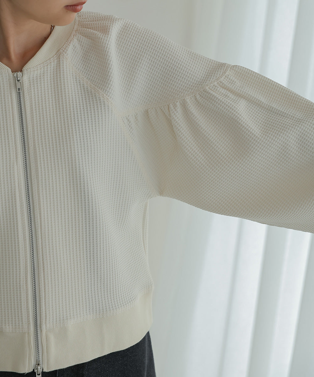 WAFFLE SLEEVE GATHERED CARDIGAN