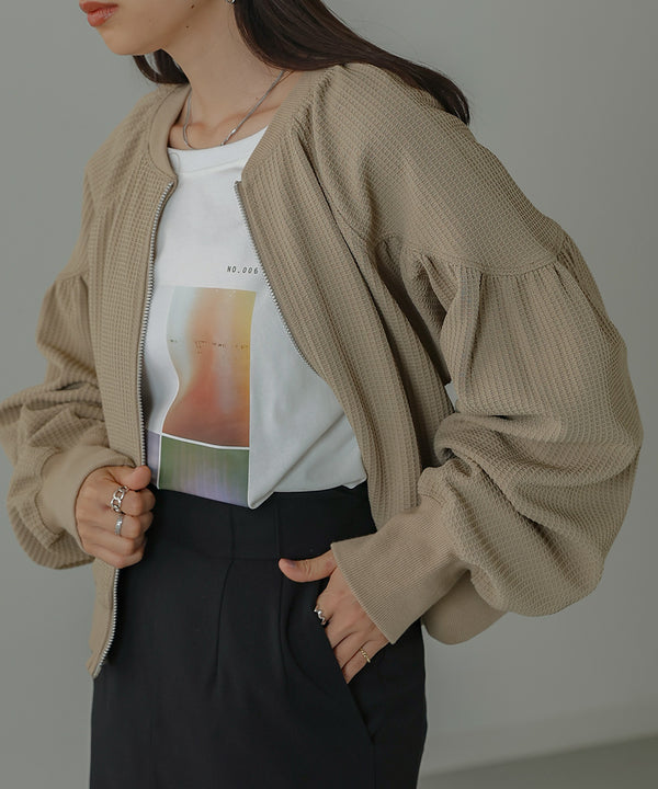 WAFFLE SLEEVE GATHERED CARDIGAN