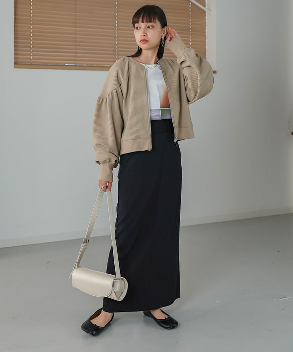 WAFFLE SLEEVE GATHERED CARDIGAN
