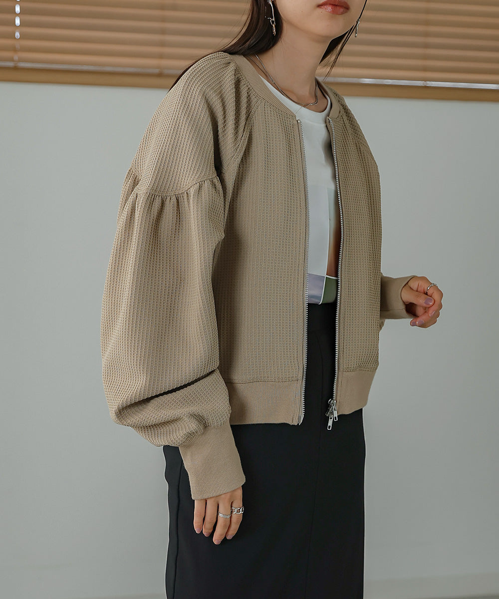 WAFFLE SLEEVE GATHERED CARDIGAN