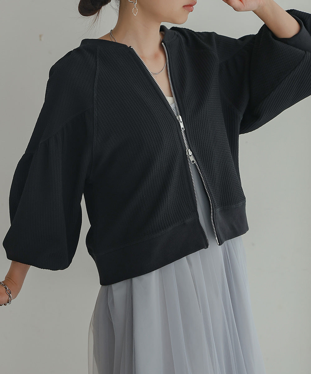 WAFFLE SLEEVE GATHERED CARDIGAN