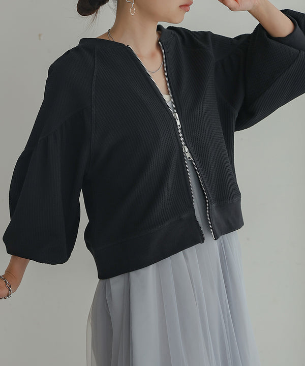 WAFFLE SLEEVE GATHERED CARDIGAN