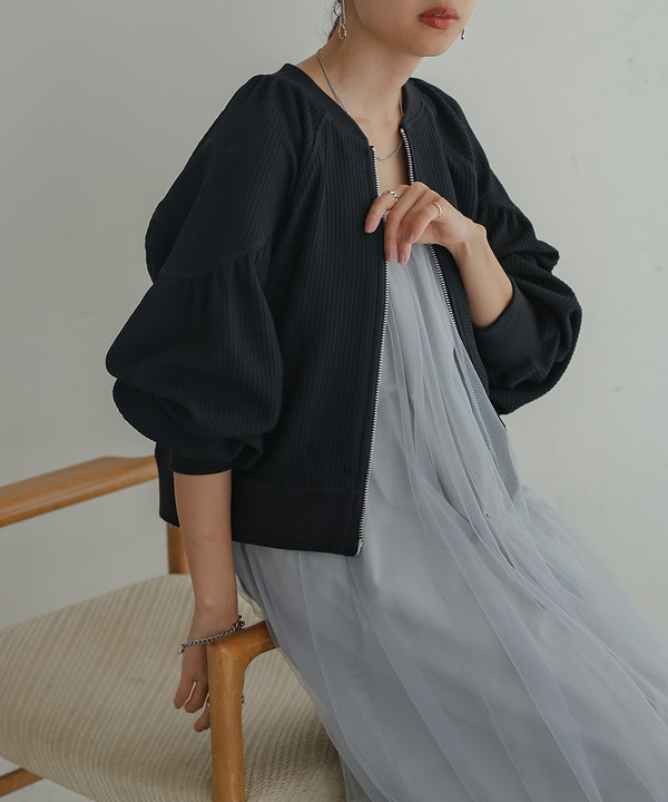 WAFFLE SLEEVE GATHERED CARDIGAN