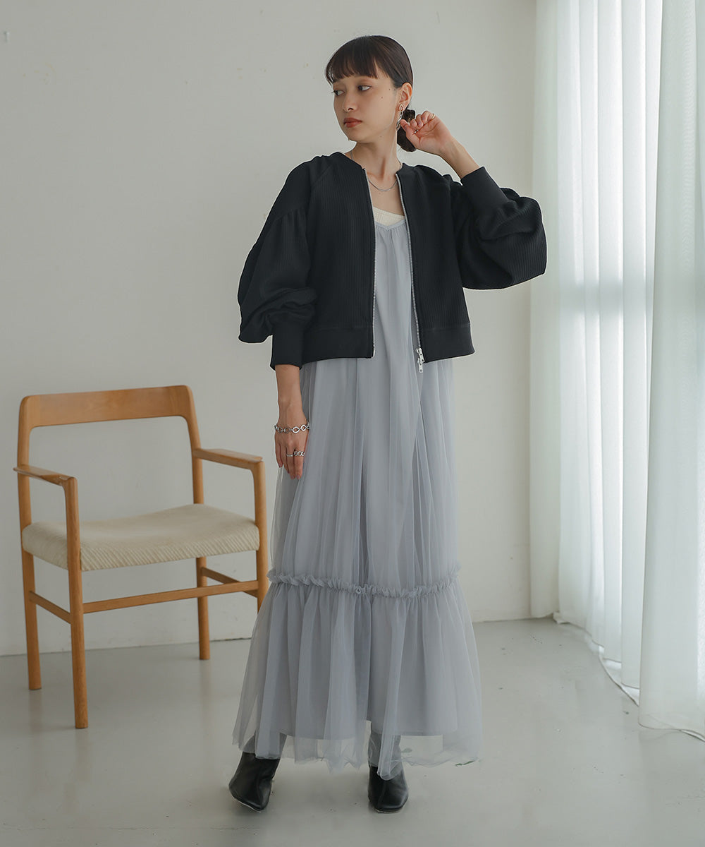 WAFFLE SLEEVE GATHERED CARDIGAN