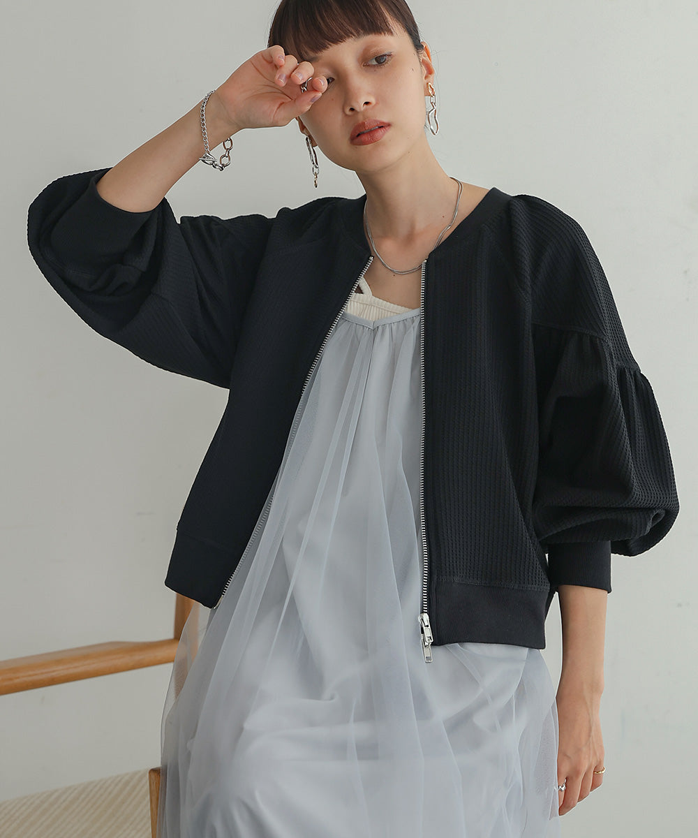 WAFFLE SLEEVE GATHERED CARDIGAN