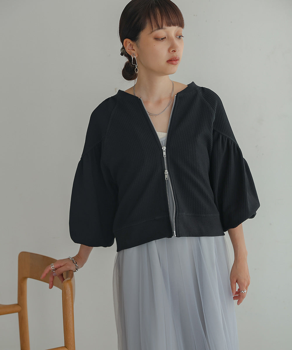 WAFFLE SLEEVE GATHERED CARDIGAN