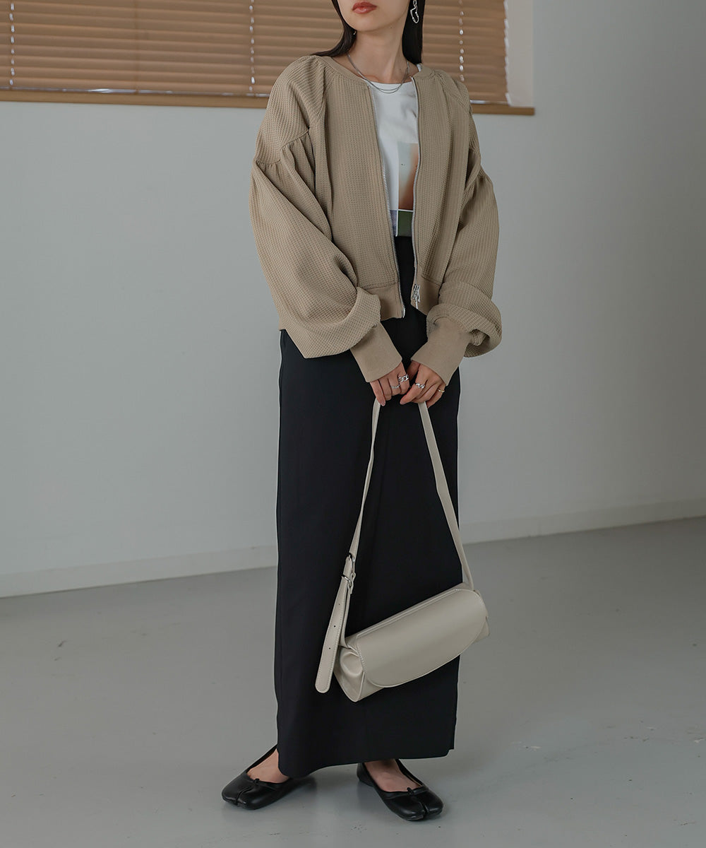 WAFFLE SLEEVE GATHERED CARDIGAN
