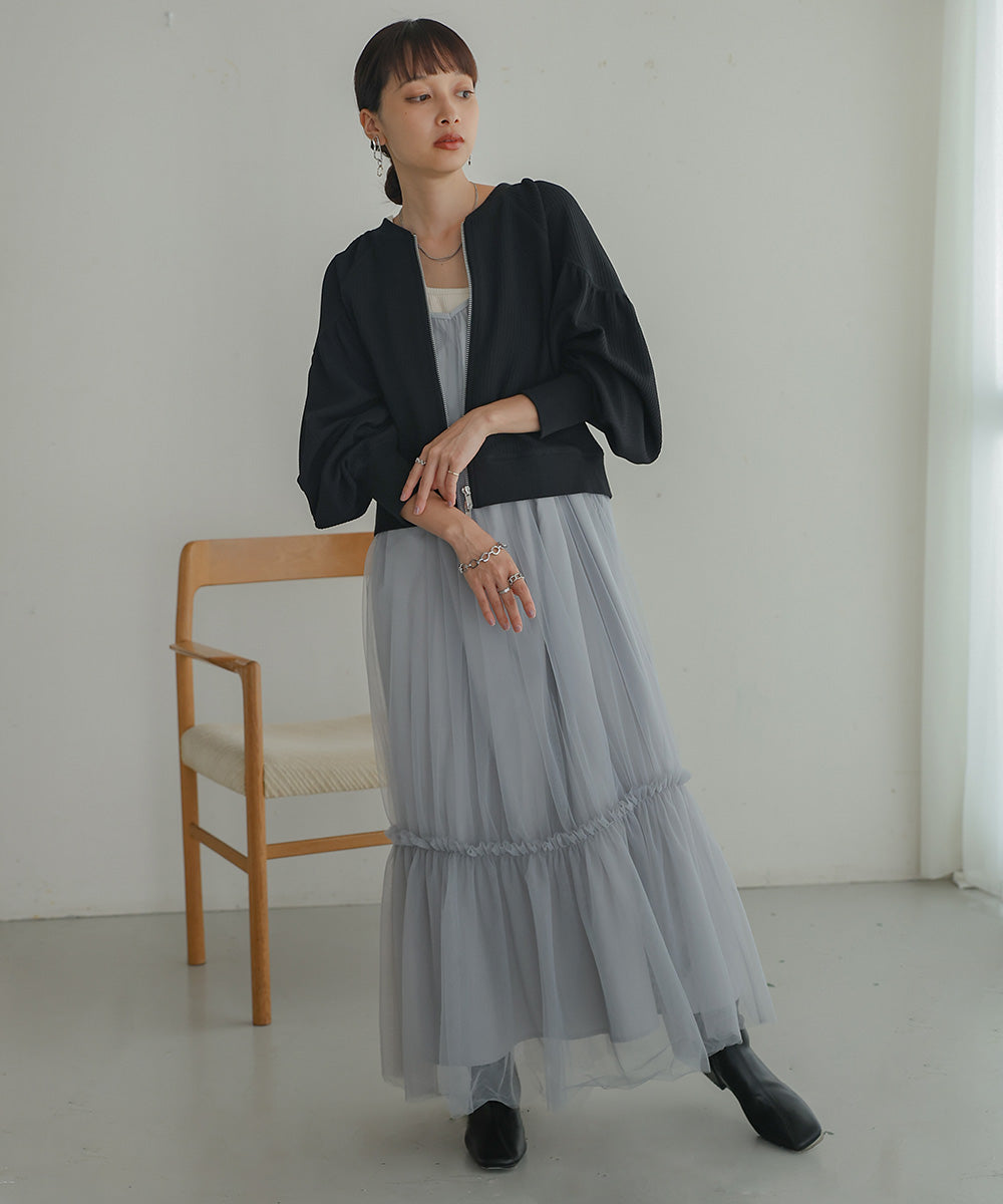 WAFFLE SLEEVE GATHERED CARDIGAN