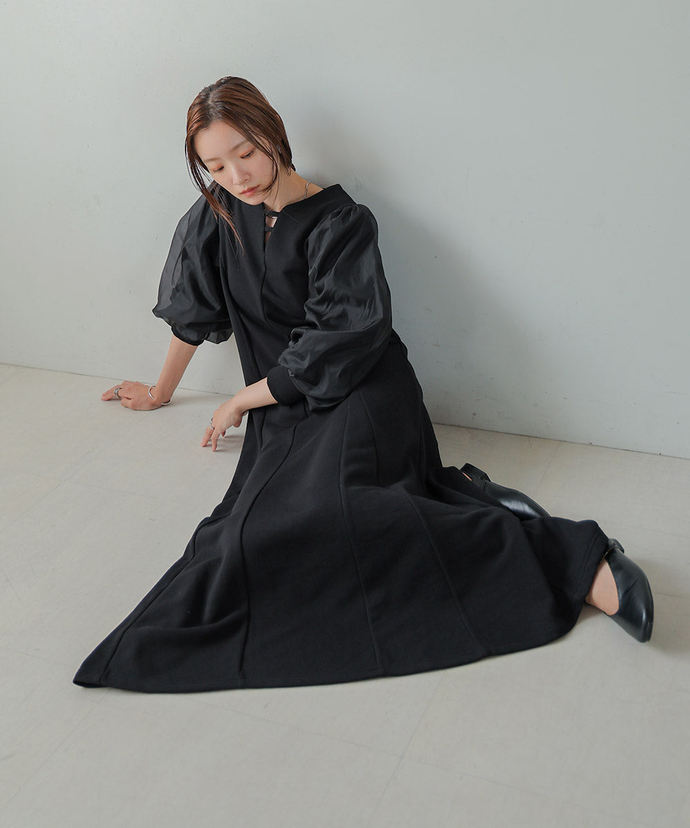 [TIMESALE 10%OFF]FLARE LINE LONG SLEEVE ORGANDY ONEPIECE