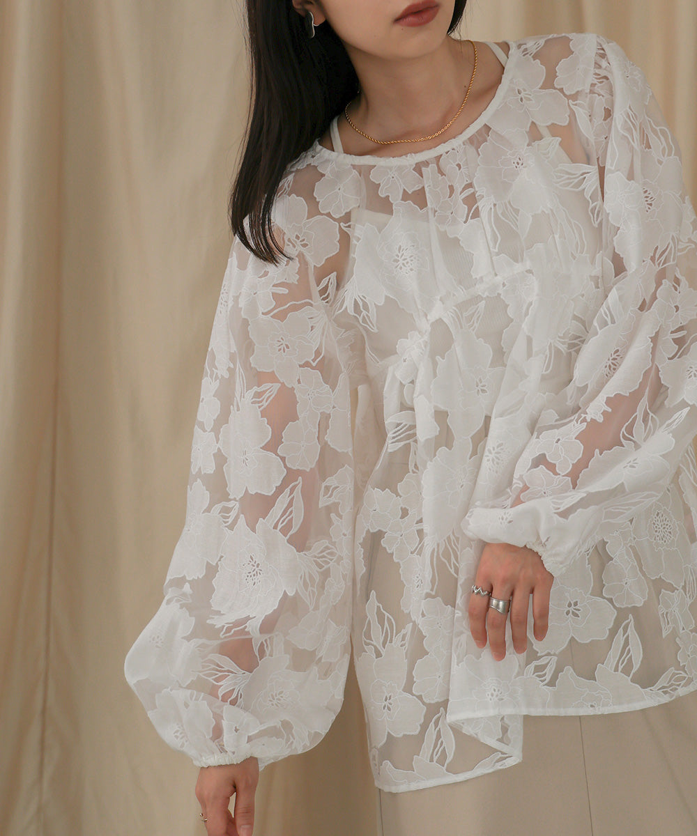 SHEER FLOWER VOLUME SLEEVE BLOUSE