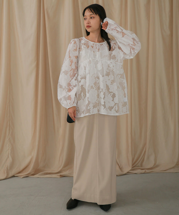 SHEER FLOWER VOLUME SLEEVE BLOUSE