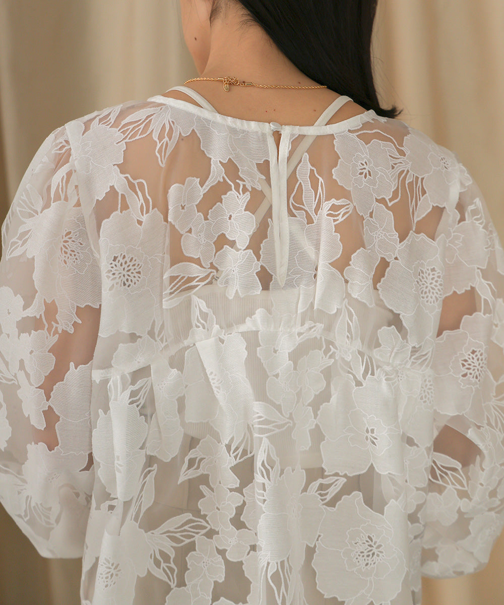 SHEER FLOWER VOLUME SLEEVE BLOUSE