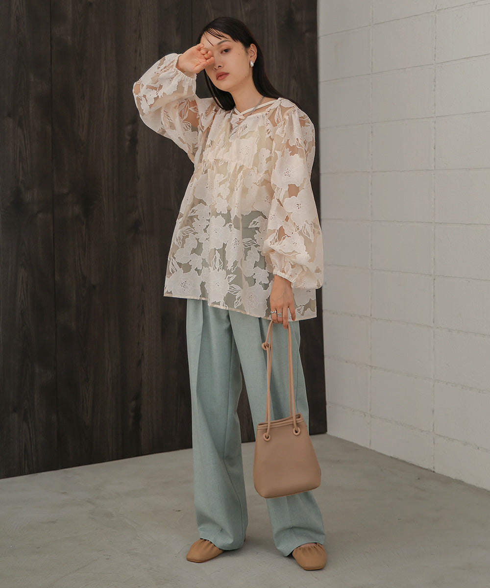SHEER FLOWER VOLUME SLEEVE BLOUSE