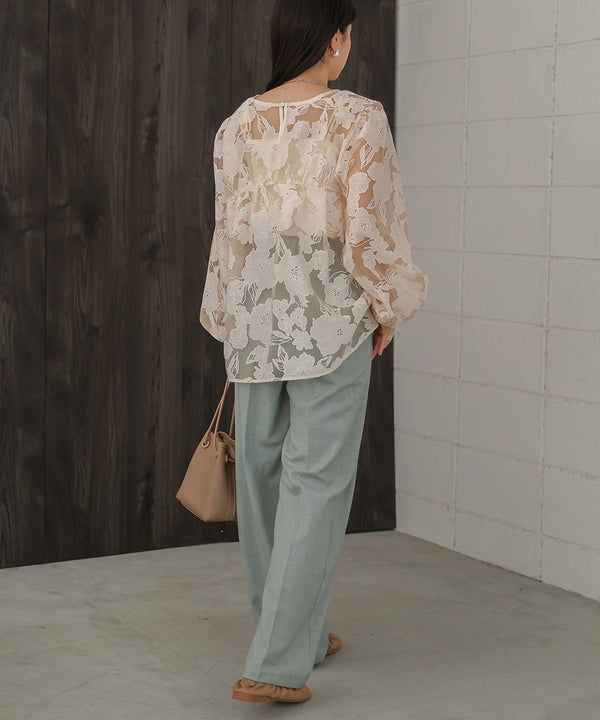 SHEER FLOWER VOLUME SLEEVE BLOUSE