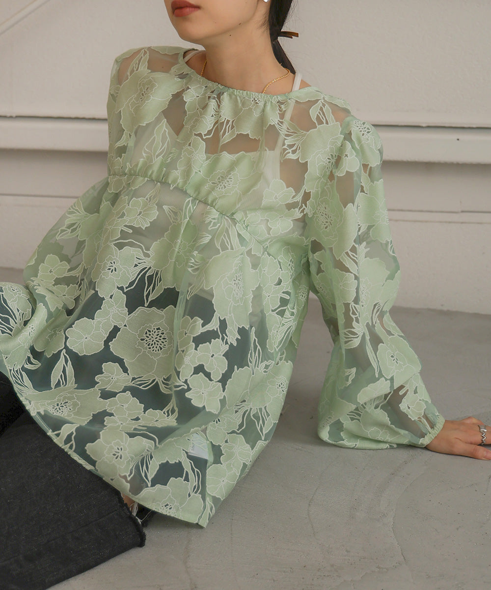 SHEER FLOWER VOLUME SLEEVE BLOUSE