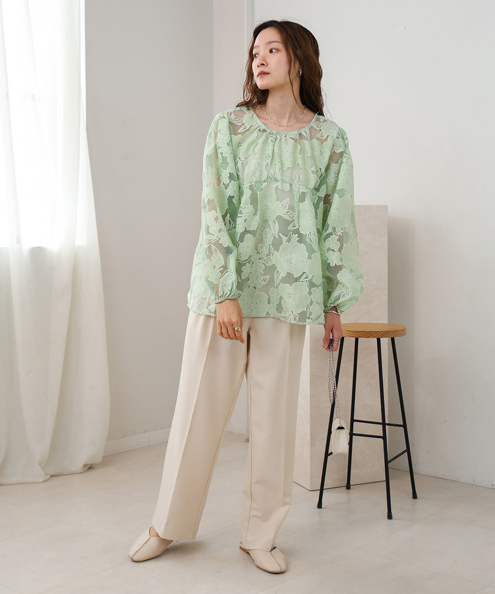 SHEER FLOWER VOLUME SLEEVE BLOUSE