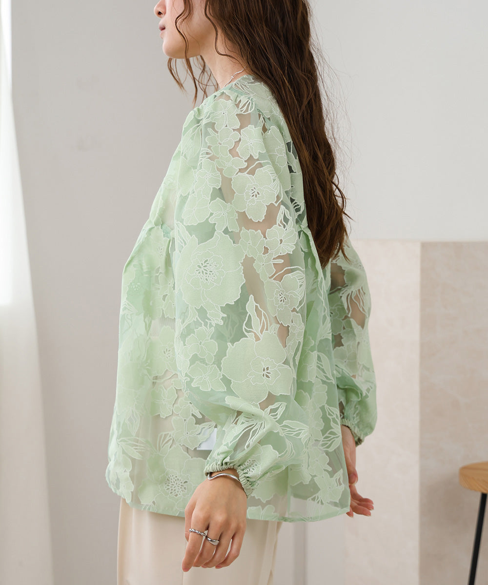 SHEER FLOWER VOLUME SLEEVE BLOUSE