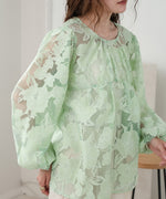 SHEER FLOWER VOLUME SLEEVE BLOUSE