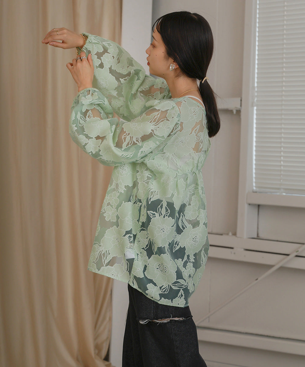 SHEER FLOWER VOLUME SLEEVE BLOUSE