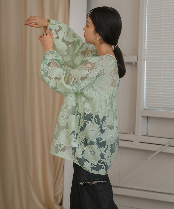 SHEER FLOWER VOLUME SLEEVE BLOUSE