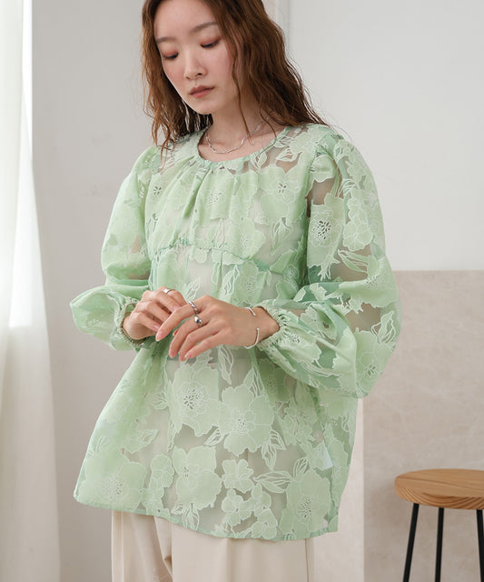 SHEER FLOWER VOLUME SLEEVE BLOUSE
