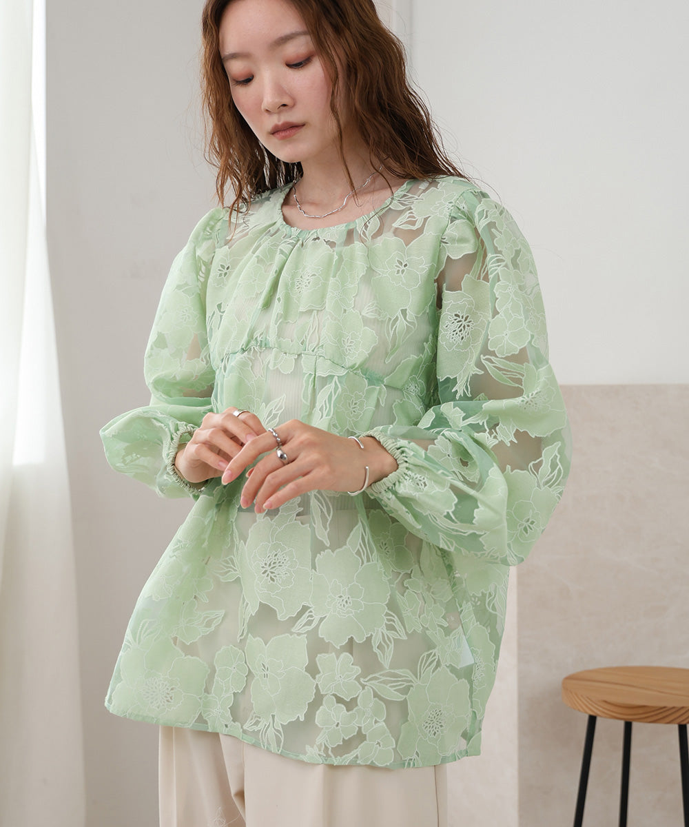 SHEER FLOWER VOLUME SLEEVE BLOUSE