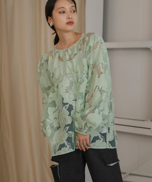 SHEER FLOWER VOLUME SLEEVE BLOUSE