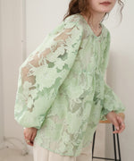 SHEER FLOWER VOLUME SLEEVE BLOUSE