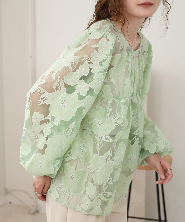SHEER FLOWER VOLUME SLEEVE BLOUSE